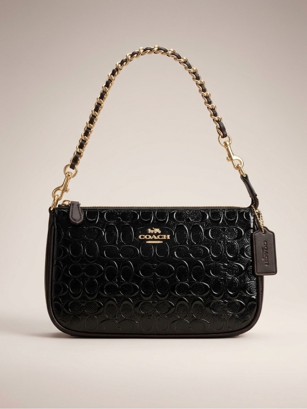 Black Signature Patent Wristlet Chain Strap Gold Hardware
